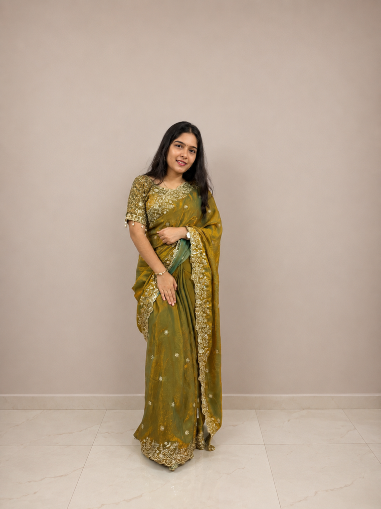 Golden Green Zari Satin Saree with Floral Embroidered Border & Ready Stitched Matching Blouse | Premium Designer Wedding, Festive & Party Wear Saree for Women