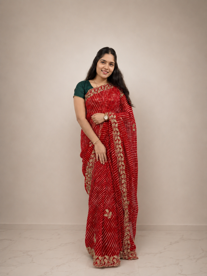Red Leheriya Jaipur Georgette Saree for Women | Traditional Rajasthani Printed Ethnic Saree for Festive, Wedding & Party Wear