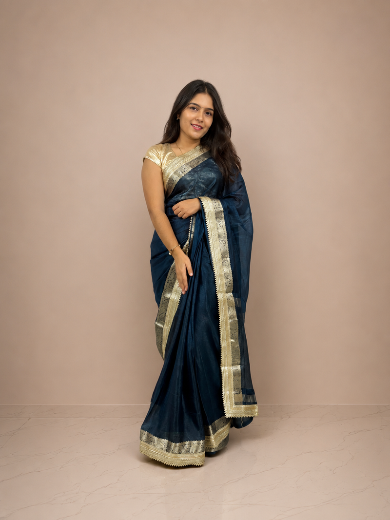 Royal Blue Resham Border Saree with Matching Blouse Piece