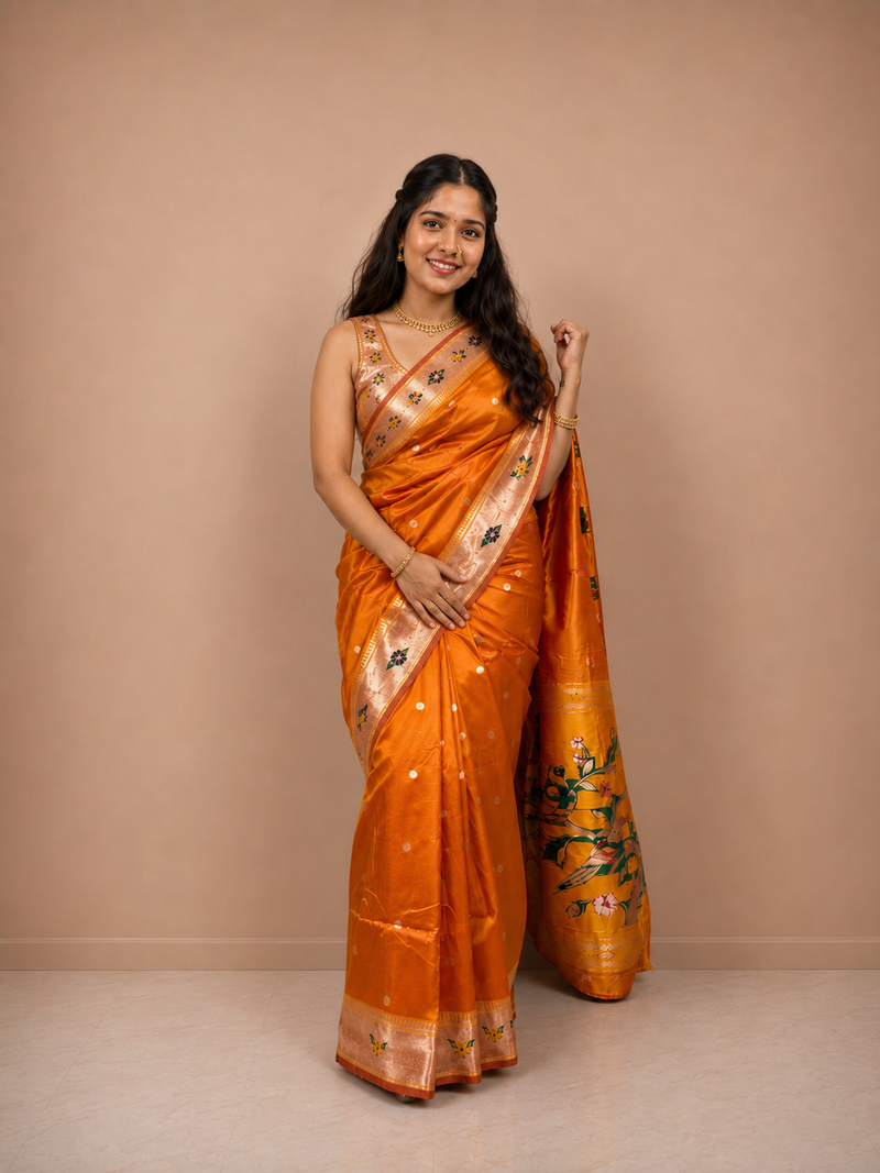 Orange Zari Nasguri Silk Paithani Saree with Matching Unstitched Blouse Piece | Premium Traditional Maharashtrian Wedding & Festive Wear Silk Saree for Women