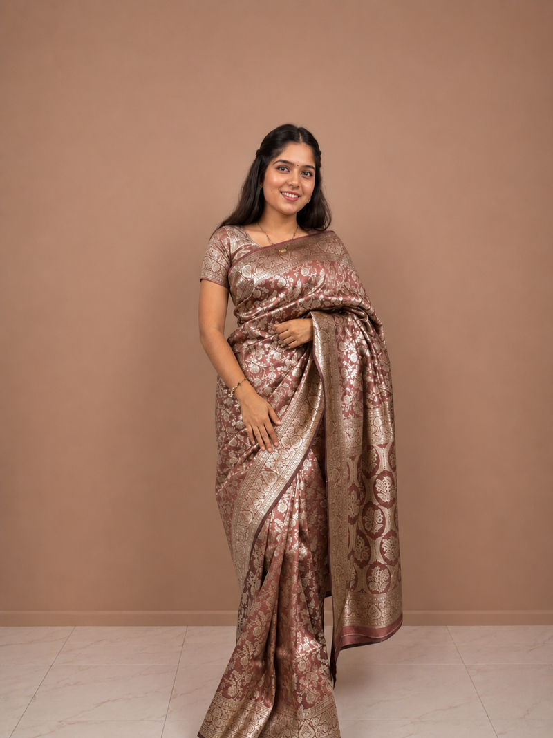 Rusted Orange Banarasi Zari Saree with Matching Blouse Piece | Traditional Ethnic Wedding, Festive & Party Wear Saree for Women