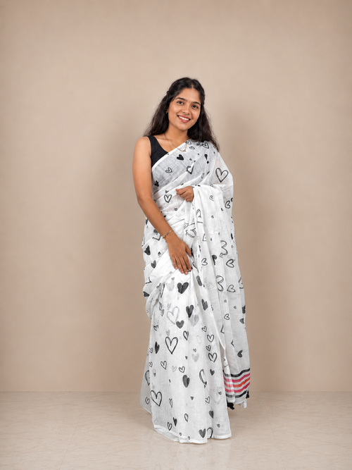 White Mini Hearts Print Linen Saree with Matching Unstitched Blouse Piece | Lightweight Casual, Office & Party Wear Printed Saree for Women