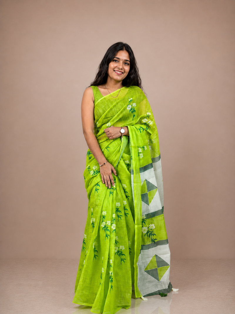 Lime Green Linen Saree with Floral Print & Geometric Designer Pallu | Premium Lightweight Casual, Office Wear Saree for Women