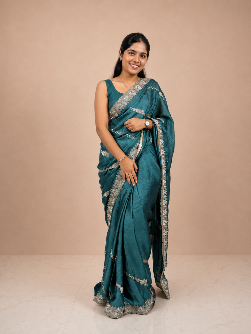Peacock Blue Star Tissue Saree with Silver Zari Embroidered Border & Matching Unstitched Blouse Piece | Premium Lightweight Festive Wear Saree for Women