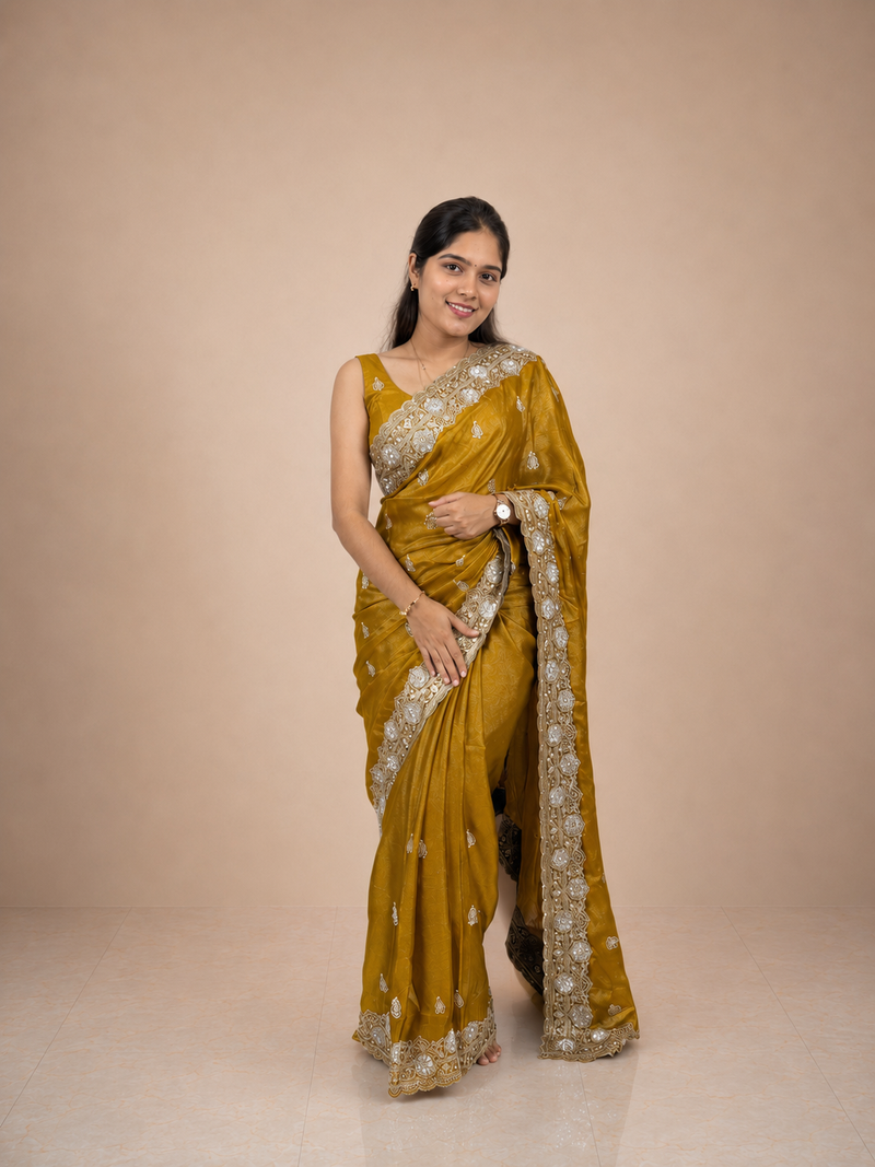 Golden Star Tissue Saree with Silver Embroidered Border & Matching Unstitched Blouse Piece | Premium Lightweight Festive Wear Saree for Women