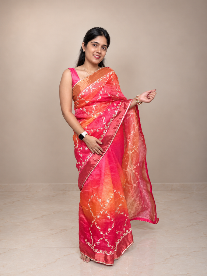 Pink and Orange Kota Doria Cotton Gota Patti Saree for Women | Lightweight Traditional Festive, Wedding & Ethnic Party Wear Saree