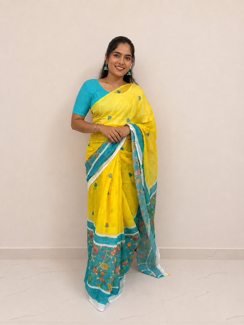 Yellow Teal Kalamkari Floral Border Cotton Ready-to-Wear Skirt Saree — Pre-Stitched with Attached Underskirt & Unstitched Blouse