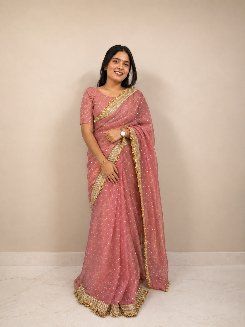 Peach Banarasi Dot Weave Saree — Ready-to-Wear Skirt Saree — Pre-Stitched with Attached Underskirt & Unstitched Blouse