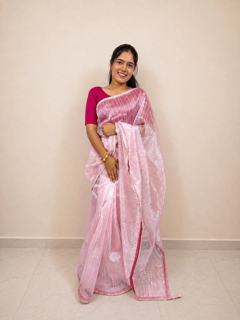 Baby Pink Organza Ready-to-Wear Skirt Saree — Pre-Stitched with Attached Underskirt & Unstitched Blouse