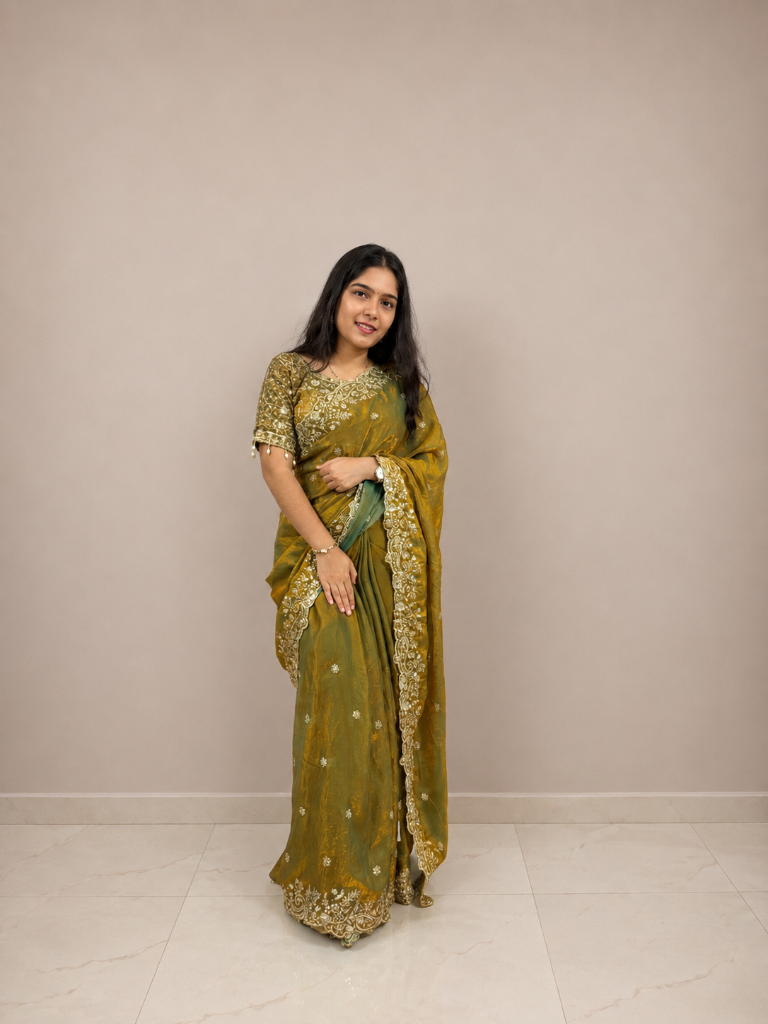 Golden Green Zari Satin Saree with Floral Embroidered Border & Ready Stitched Matching Blouse | Premium Designer Wedding, Festive & Party Wear Saree for Women