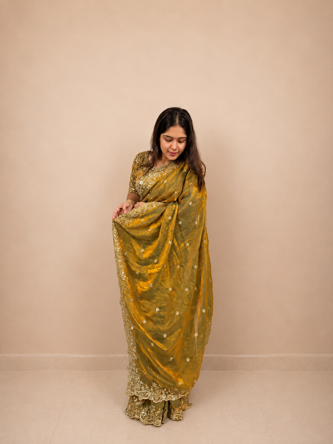 Golden Green Zari Satin Saree with Floral Embroidered Border & Ready Stitched Matching Blouse | Premium Designer Wedding, Festive & Party Wear Saree for Women