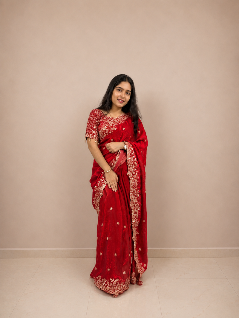 Red Zari Satin Saree with Floral Embroidered Border & Ready Stitched Matching Blouse | Premium Designer Wedding, Festive & Party Wear Saree for Women