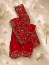 Red Zari Satin Saree with Floral Embroidered Border & Ready Stitched Matching Blouse | Premium Designer Wedding, Festive & Party Wear Saree for Women