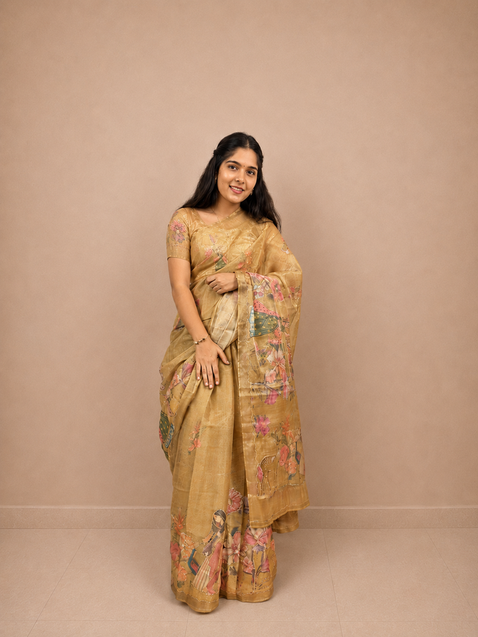 Mustard Yellow Organza Saree with Golden Thread Work | Elegant Lightweight Ethnic Wedding, Festive & Party Wear Saree for Women