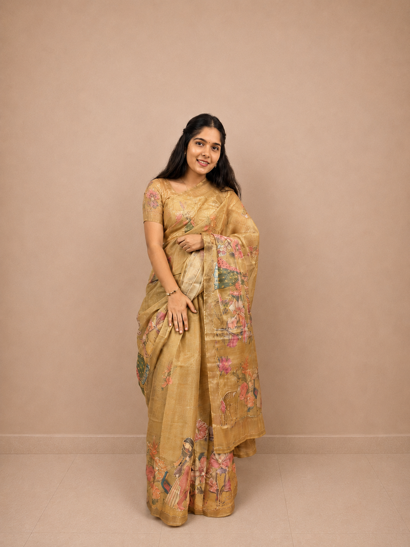 Mustard Yellow Organza Saree with Golden Thread Work | Elegant Lightweight Ethnic Wedding, Festive & Party Wear Saree for Women