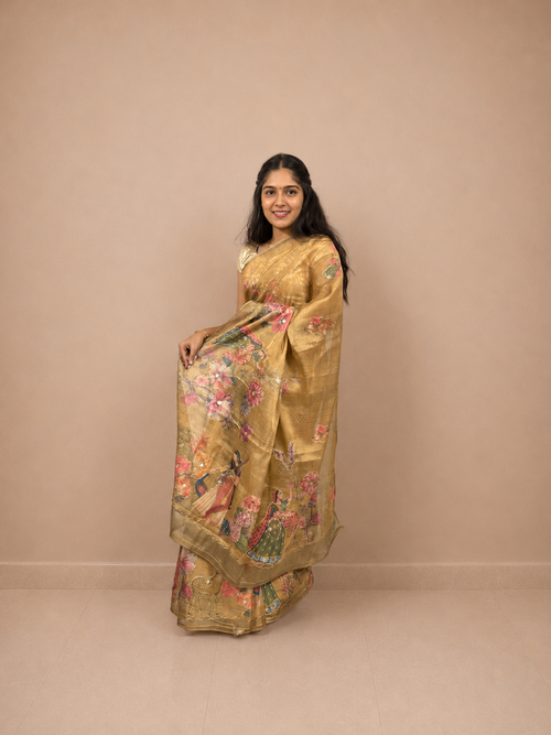 Mustard Yellow Organza Saree with Golden Thread Work | Elegant Lightweight Ethnic Wedding, Festive & Party Wear Saree for Women