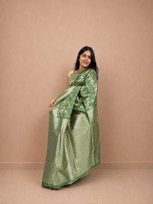 Pista Green Banarasi Silk Saree with Golden Zari Work & Matching Blouse Piece | Traditional Wedding, Festive & Party Wear Saree for Women