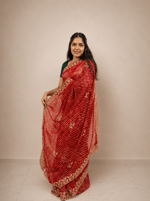 Red Leheriya Jaipur Georgette Saree for Women | Traditional Rajasthani Printed Ethnic Saree for Festive, Wedding & Party Wear