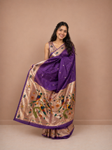 Violet Zari Nasguri Silk Paithani Saree with Handwoven Floral Pallu & Matching Unstitched Blouse Piece | Premium Traditional Wedding & Festive Wear Saree for Women