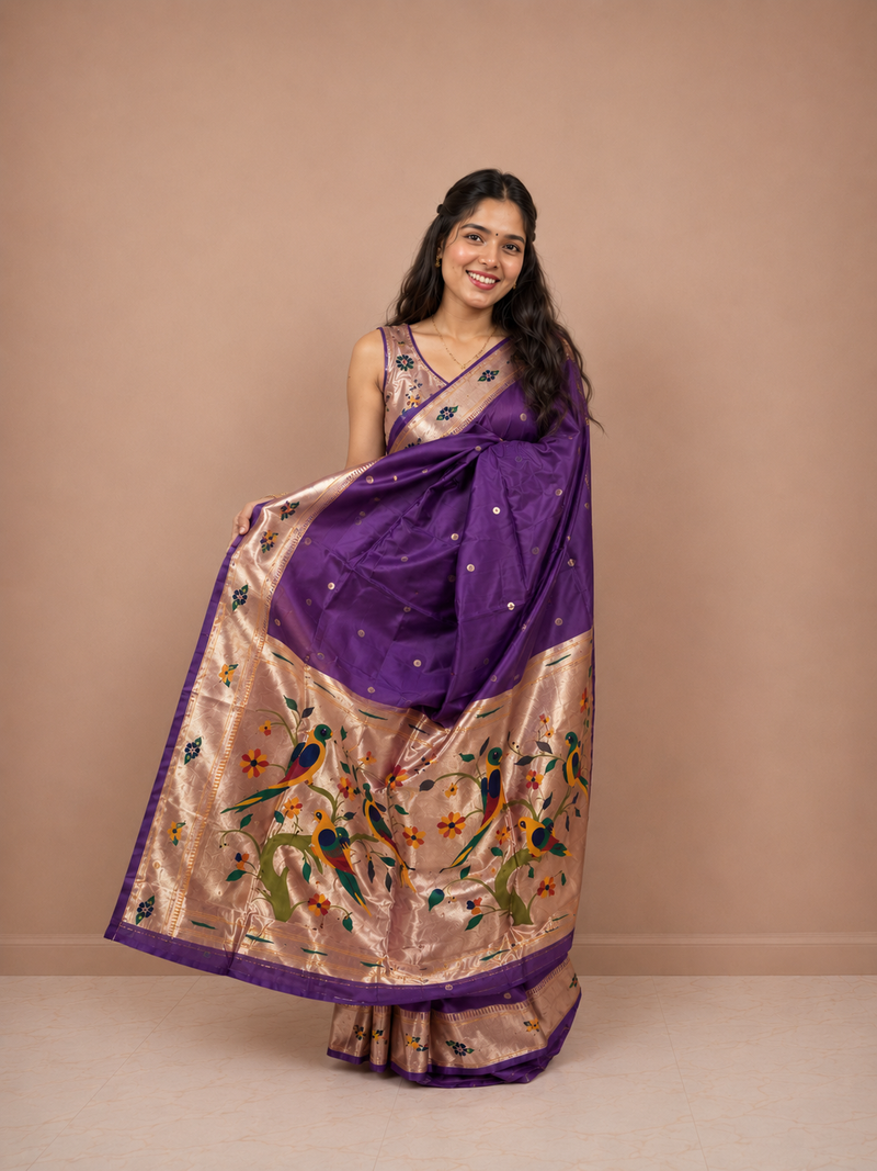 Violet Zari Nasguri Silk Paithani Saree with Handwoven Floral Pallu & Matching Unstitched Blouse Piece | Premium Traditional Wedding & Festive Wear Saree for Women