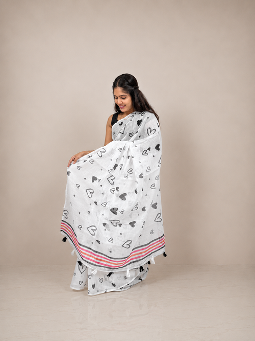 White Mini Hearts Print Linen Saree with Matching Unstitched Blouse Piece | Lightweight Casual, Office & Party Wear Printed Saree for Women