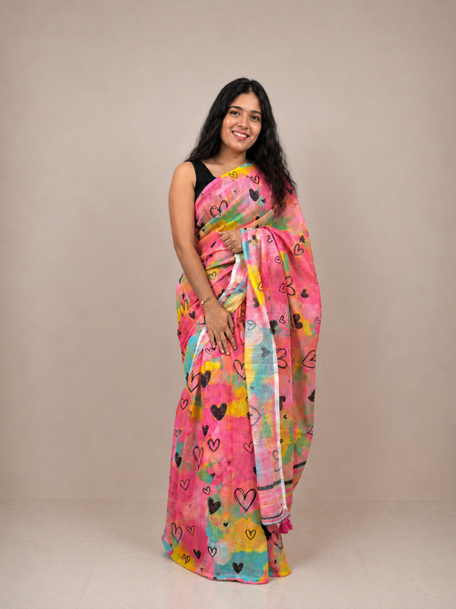 Multi Color Linen Small Heart Print Saree with Matching Unstitched Blouse Piece | Lightweight Printed Casual, Office & Party Wear Saree for Women