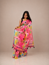 Multi Color Linen Small Heart Print Saree with Matching Unstitched Blouse Piece | Lightweight Printed Casual, Office & Party Wear Saree for Women