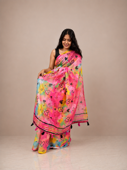 Multi Color Linen Small Heart Print Saree with Matching Unstitched Blouse Piece | Lightweight Printed Casual, Office & Party Wear Saree for Women