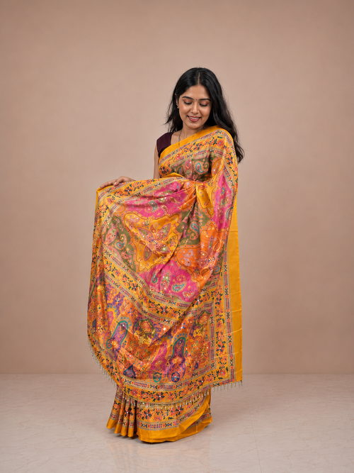 Dharwari Silk Satin Saree with Mirror Work & Matching Unstitched Blouse Piece | Premium Designer Wedding, Festive & Party Wear Saree for Women