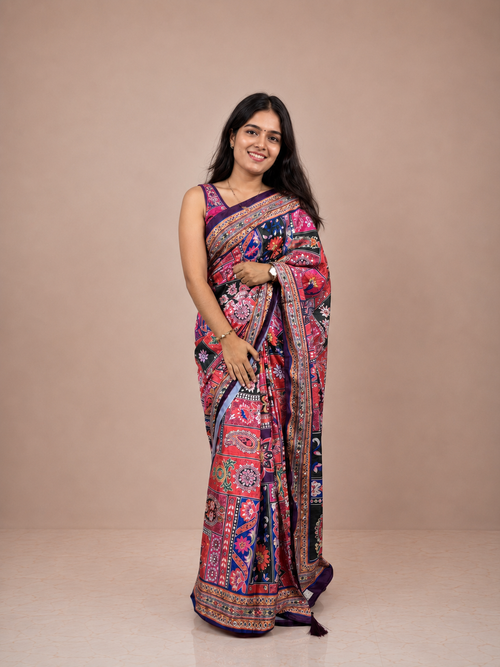 Godhaari Mirror Work Silk Saree with Matching Unstitched Blouse Piece | Premium Printed Designer Silk Saree for Festive, Wedding & Party Wear Women