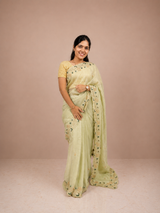 Light Green Snowfall Tissue Saree with Moti Work Border & Matching Unstitched Blouse Piece | Premium Lightweight Festive Wear Saree for Women