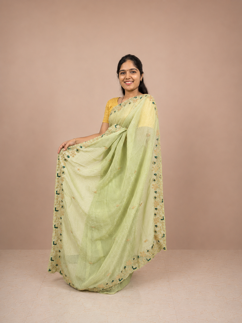 Light Green Snowfall Tissue Saree with Moti Work Border & Matching Unstitched Blouse Piece | Premium Lightweight Festive Wear Saree for Women