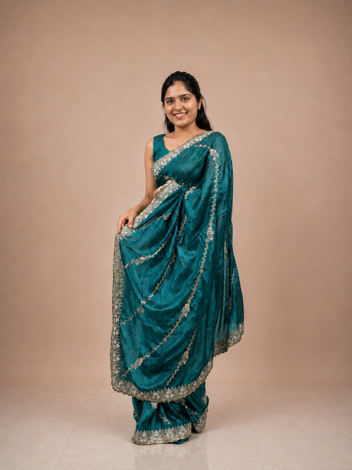 Peacock Blue Star Tissue Saree with Silver Zari Embroidered Border & Matching Unstitched Blouse Piece | Premium Lightweight Festive Wear Saree for Women