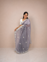 Grey Butter Tissue Saree with Floral Embroidered Border & Matching Unstitched Blouse Piece | Lightweight Festive Wear Saree for Women