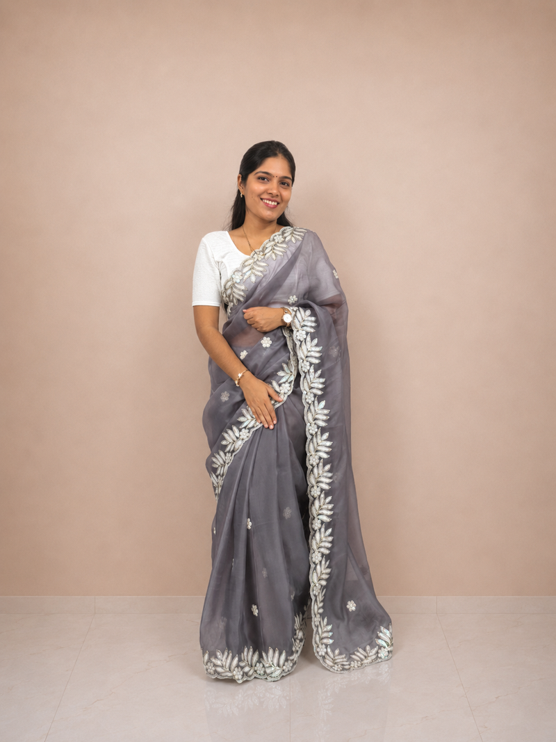 Grey Butter Tissue Saree with Floral Embroidered Border & Matching Unstitched Blouse Piece | Lightweight Festive Wear Saree for Women