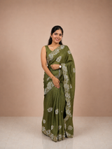 Olive Green Snowfall Tissue Saree with Silver Floral Embroidered Border & Matching Unstitched Blouse Piece | Premium Lightweight Festive Wear Saree for Women