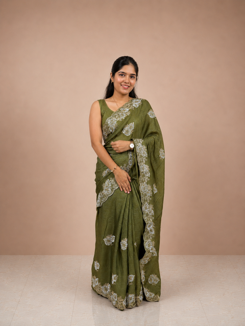 Olive Green Snowfall Tissue Saree with Silver Floral Embroidered Border & Matching Unstitched Blouse Piece | Premium Lightweight Festive Wear Saree for Women
