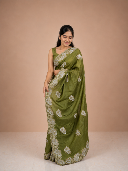 Olive Green Snowfall Tissue Saree with Silver Floral Embroidered Border & Matching Unstitched Blouse Piece | Premium Lightweight Festive Wear Saree for Women