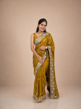 Golden Star Tissue Saree with Silver Embroidered Border & Matching Unstitched Blouse Piece | Premium Lightweight Festive Wear Saree for Women