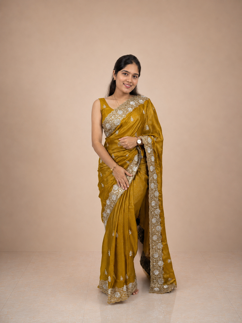 Golden Star Tissue Saree with Silver Embroidered Border & Matching Unstitched Blouse Piece | Premium Lightweight Festive Wear Saree for Women