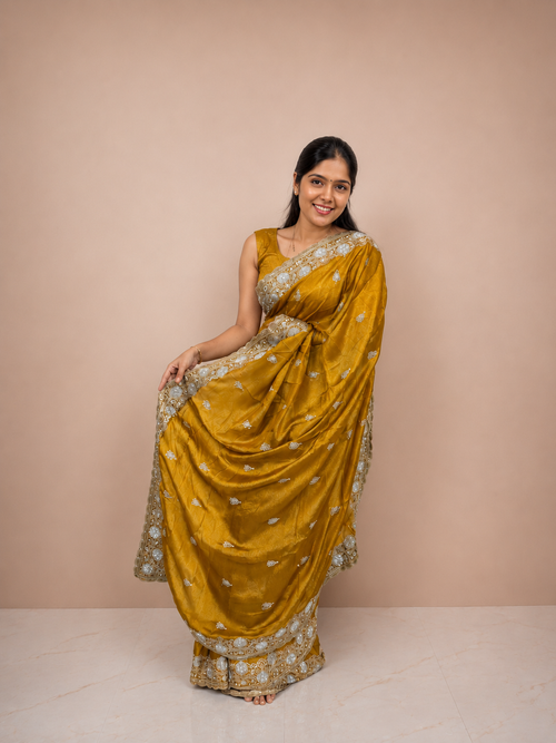 Golden Star Tissue Saree with Silver Embroidered Border & Matching Unstitched Blouse Piece | Premium Lightweight Festive Wear Saree for Women