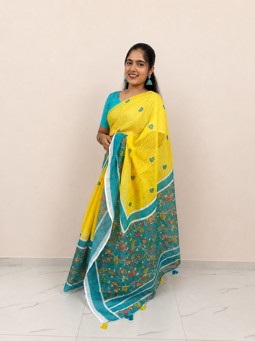Yellow Teal Kalamkari Floral Border Cotton Ready-to-Wear Skirt Saree — Pre-Stitched with Attached Underskirt & Unstitched Blouse