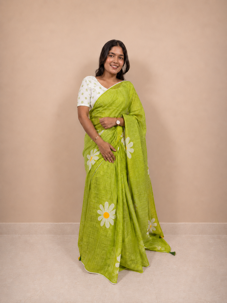 Green Daisy Floral Cotton Ready-to-Wear Skirt Saree — Pre-Stitched with Attached Underskirt & Unstitched Blouse