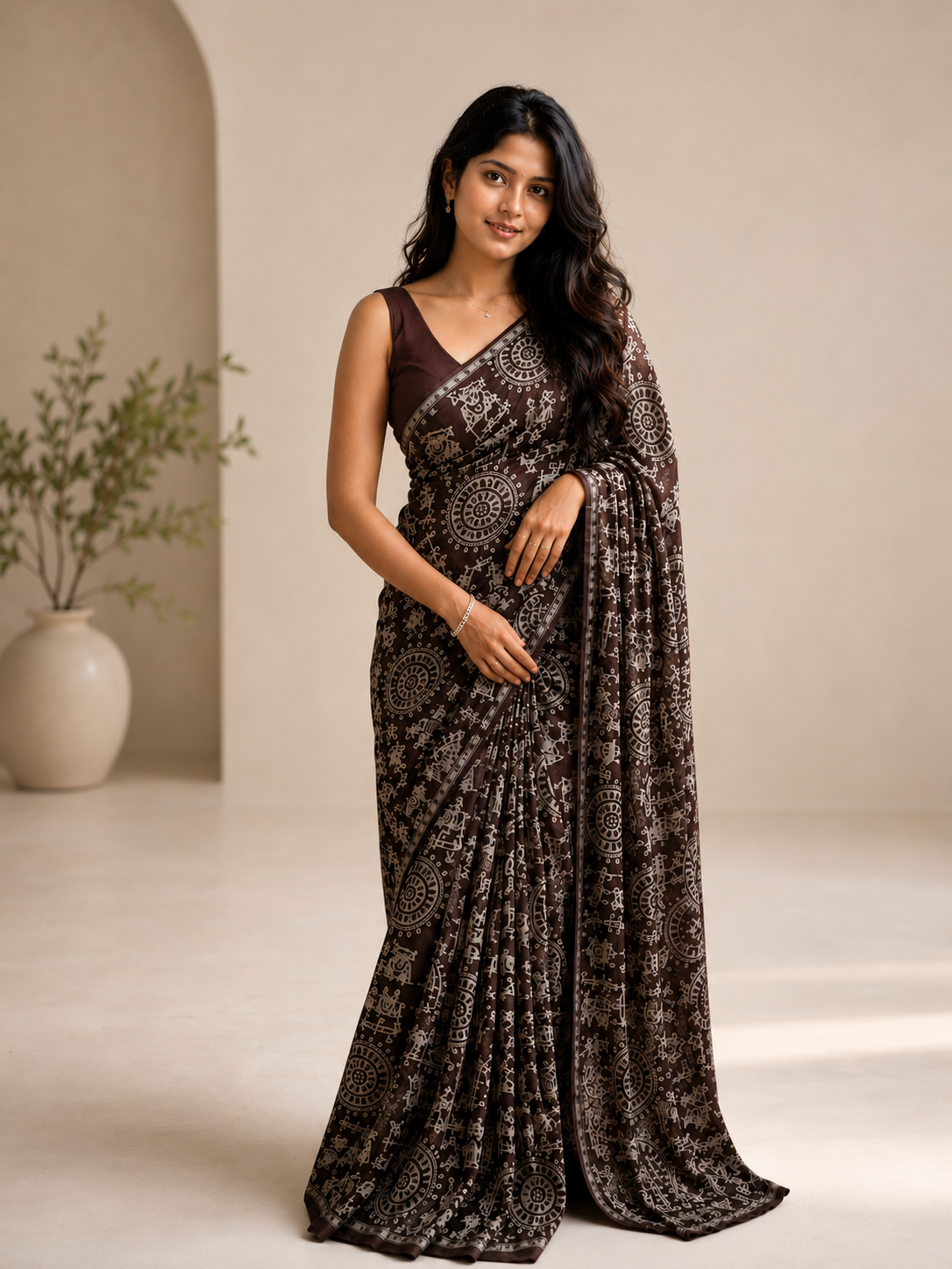 Mocha Brown Warli-Inspired Tribal Print Georgette Ready-to-Wear Skirt Saree — Pre-Stitched with Attached Underskirt & Unstitched Blouse