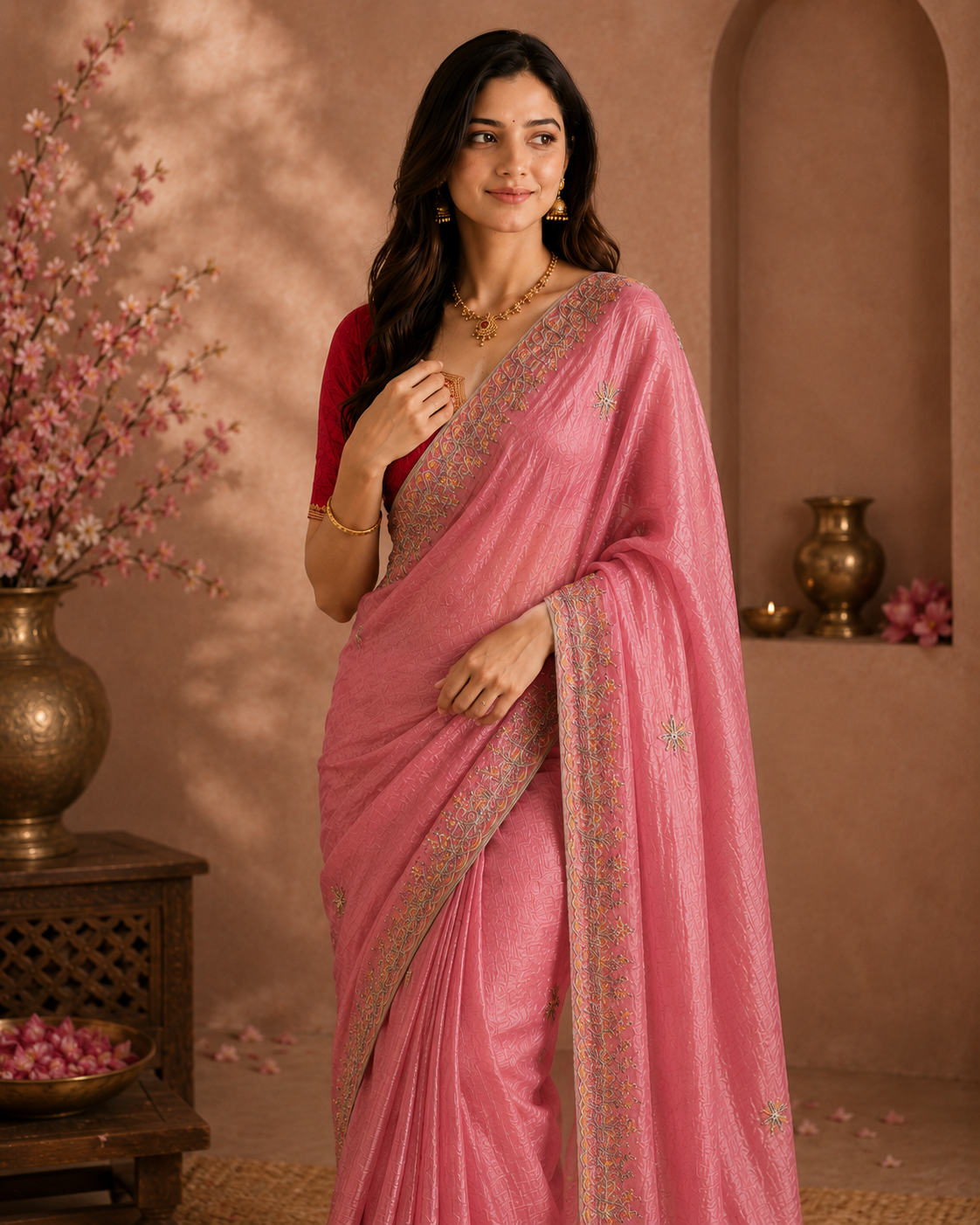 Blush Rose Hand-Embroidered Star Motif Cotton Ready-to-Wear Skirt Saree — Pre-Stitched with Attached Underskirt & Unstitched Blous