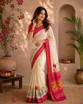 White Red Kalamkari Booti & Pallu Mul Cotton Ready-to-Wear Skirt Saree — Pre-Stitched with Attached Underskirt & Unstitched Blouse