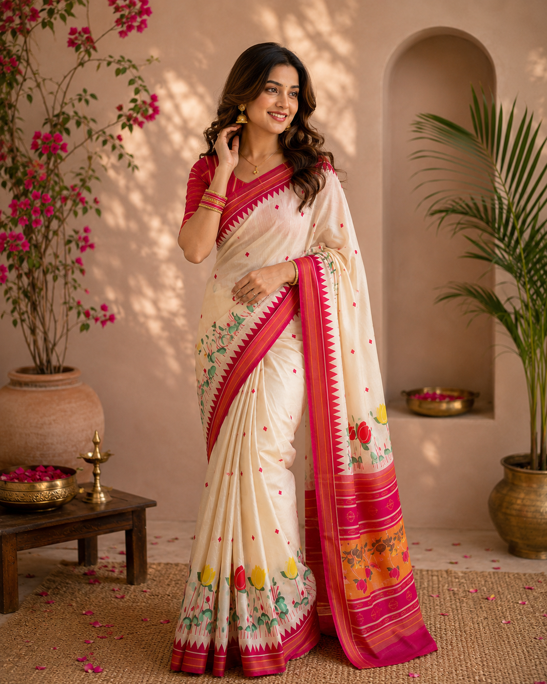 White Red Kalamkari Booti & Pallu Mul Cotton Ready-to-Wear Skirt Saree — Pre-Stitched with Attached Underskirt & Unstitched Blouse