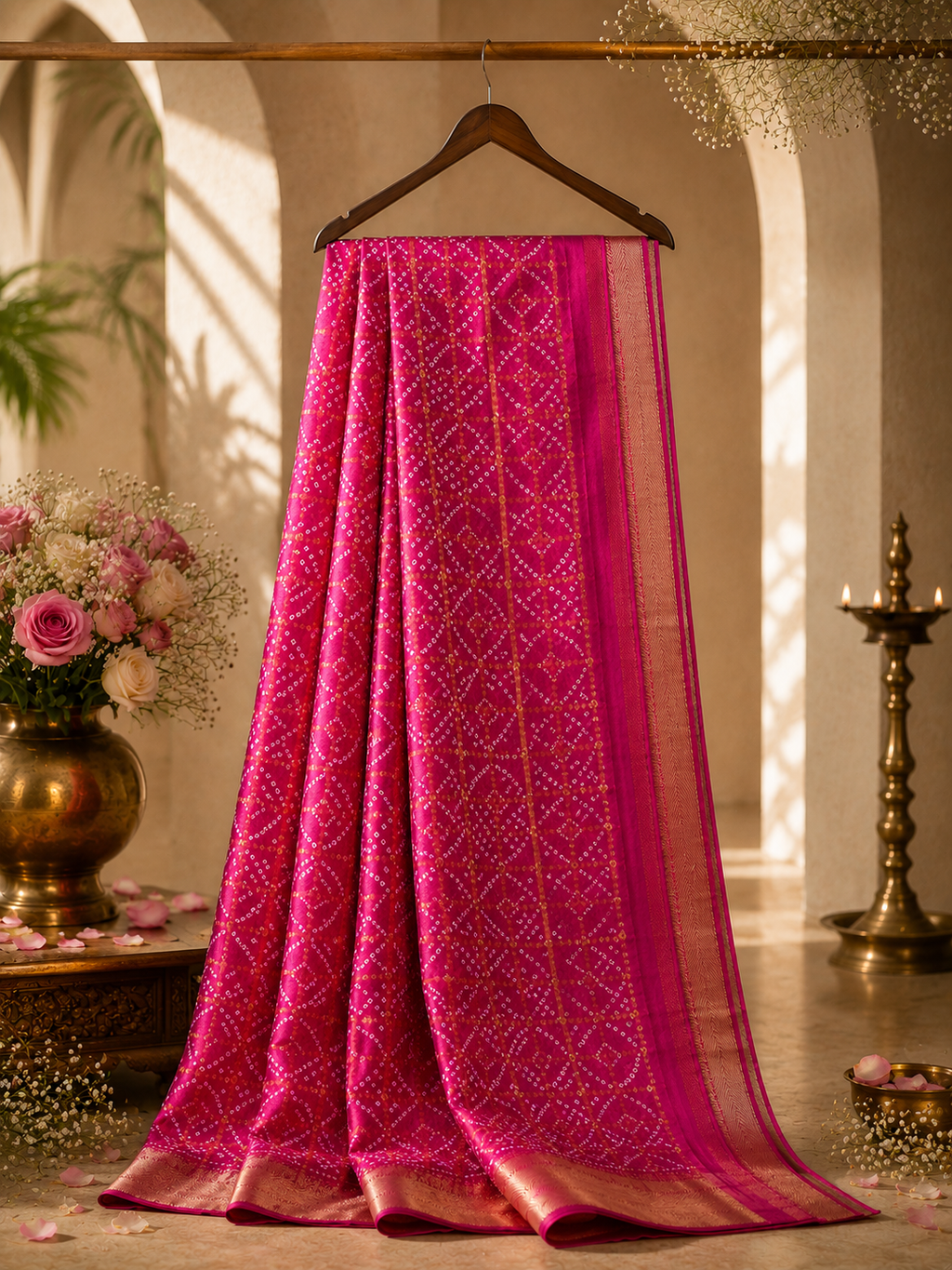 Rani Pink Bandhani Ready-to-Wear Skirt Saree with Zari Border — Pre-Stitched with Attached Underskirt & Unstitched Blouse