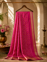 Rani Pink Bandhani Ready-to-Wear Skirt Saree with Zari Border — Pre-Stitched with Attached Underskirt & Unstitched Blouse
