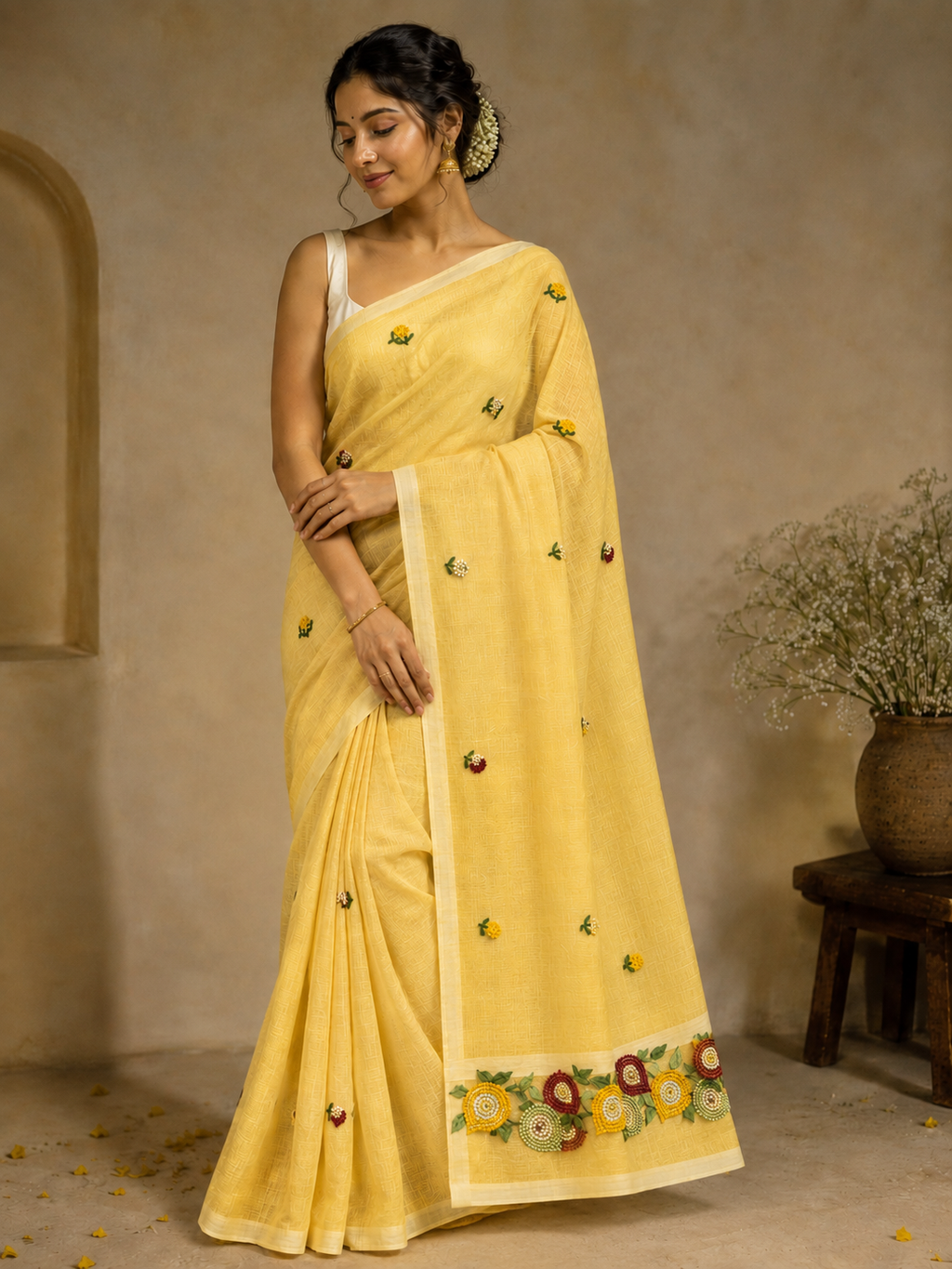Buttercup Yellow Fine Embroidered Cotton Ready-to-Wear Skirt Saree with Floral Pallu — Pre-Stitched with Attached Underskirt & Unstitched Blouse